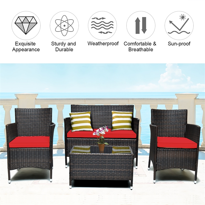 4PCS Rattan Patio Furniture Set Cushioned Sectional Sofa Chair Coffee Table Red