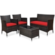 4PCS Rattan Patio Furniture Set Cushioned Sectional Sofa Chair Coffee Table Red
