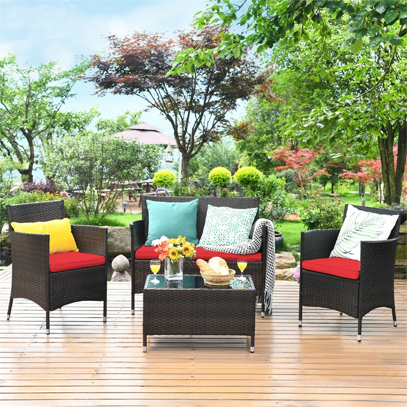 4PCS Rattan Patio Furniture Set Cushioned Sectional Sofa Chair Coffee Table Red