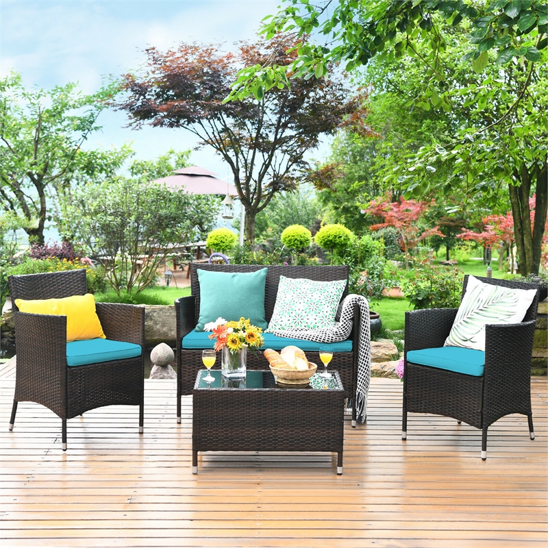 4PCS Rattan Patio Set Cushioned Sectional Sofa Chair Coffee Table Turquoise