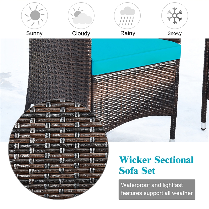 4PCS Rattan Patio Set Cushioned Sectional Sofa Chair Coffee Table Turquoise