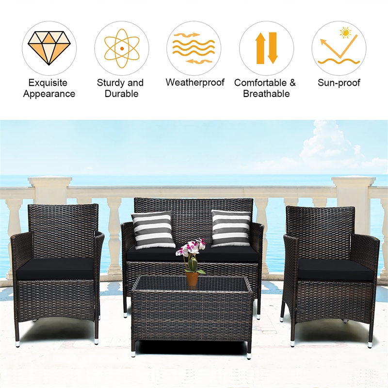 4PCS Rattan Patio Set Cushioned Sectional Sofa Chair Coffee Table Black