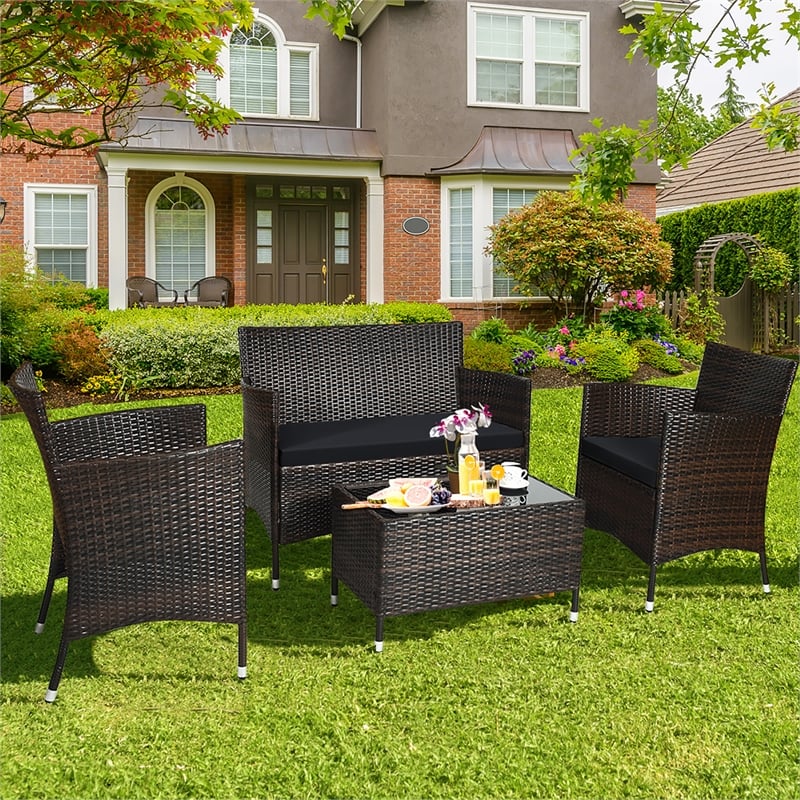 4PCS Rattan Patio Set Cushioned Sectional Sofa Chair Coffee Table Black