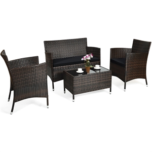 4PCS Rattan Patio Set Cushioned Sectional Sofa Chair Coffee Table Black
