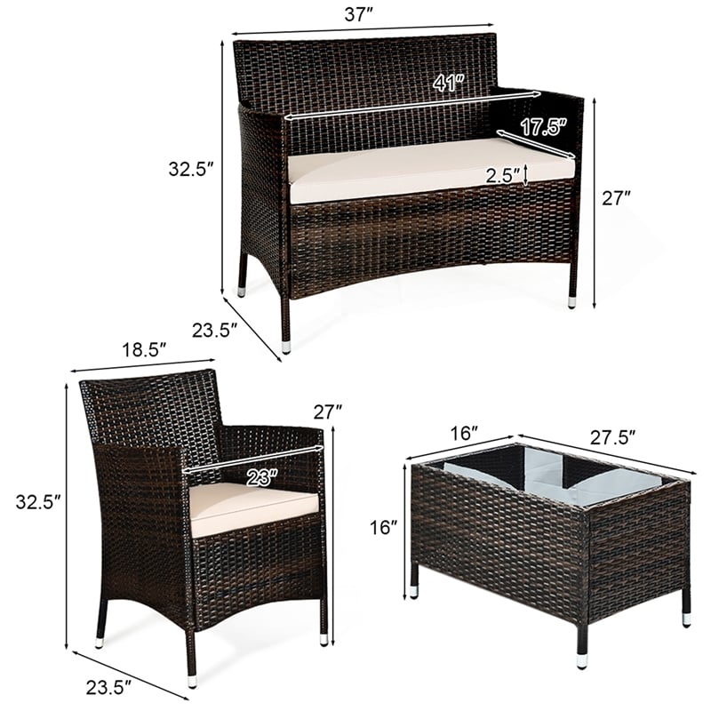 4PCS Rattan Patio Set Cushioned Sectional Sofa Chair Coffee Table Brown