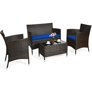 4PCS Rattan Patio Set Cushioned Sectional Sofa Chair Coffee Table Navy