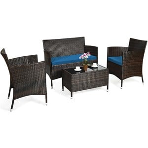 4PCS Rattan Patio Set Cushioned Sectional Sofa Chair Coffee Table Blue