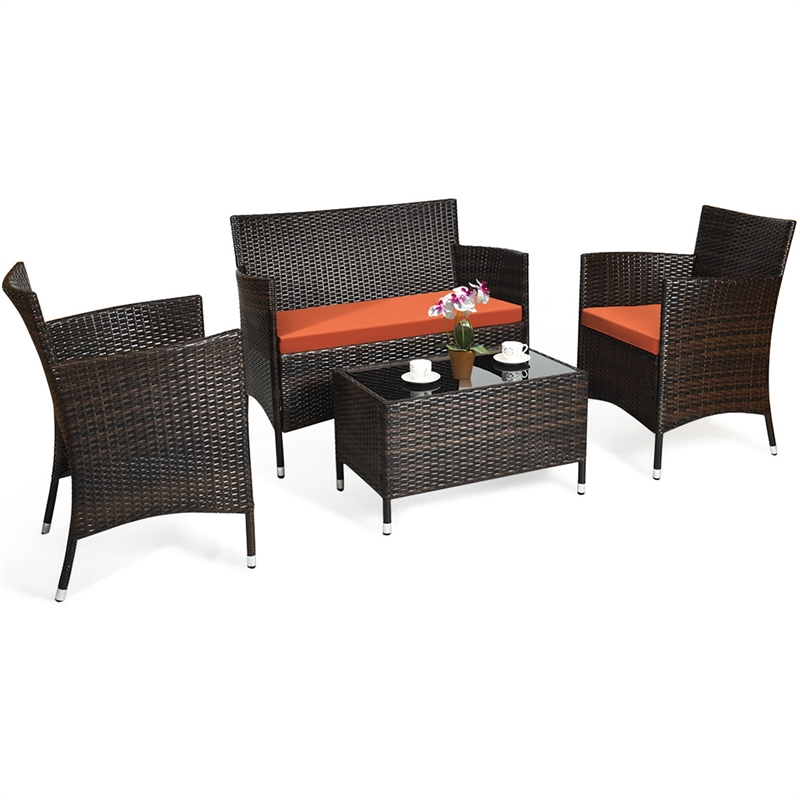 4PCS Rattan Patio Set Cushioned Sectional Sofa Chair Coffee Table Orange