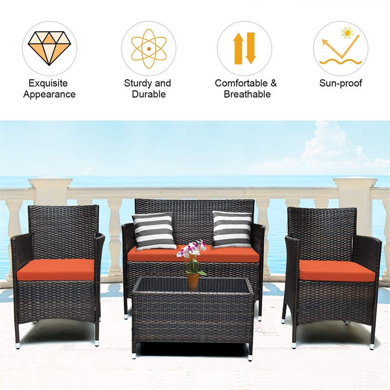 4PCS Rattan Patio Set Cushioned Sectional Sofa Chair Coffee Table Orange