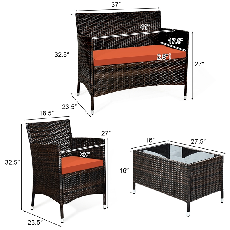 4PCS Rattan Patio Set Cushioned Sectional Sofa Chair Coffee Table Orange