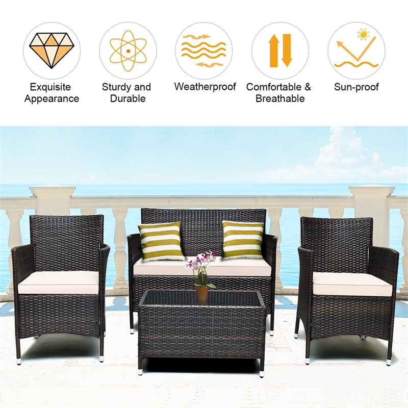 4PCS Rattan Patio Set Cushioned Sectional Sofa Chair Coffee Table  Brown&Grey