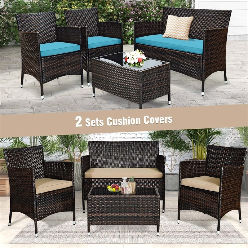 4PCS Rattan Patio Set Cushioned Sectional Sofa Coffee Table Brown&Turquoise