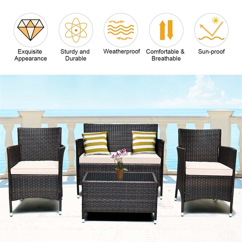 4PCS Rattan Patio Set Cushioned Sectional Sofa Coffee Table Brown&Turquoise