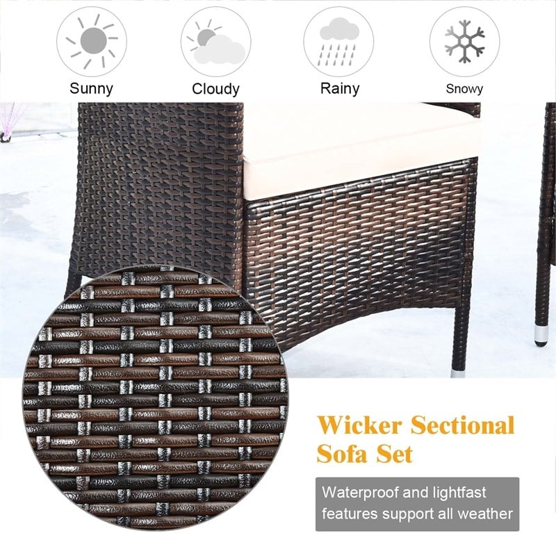4PCS Rattan Patio Set Cushioned Sectional Sofa Coffee Table Brown&Turquoise