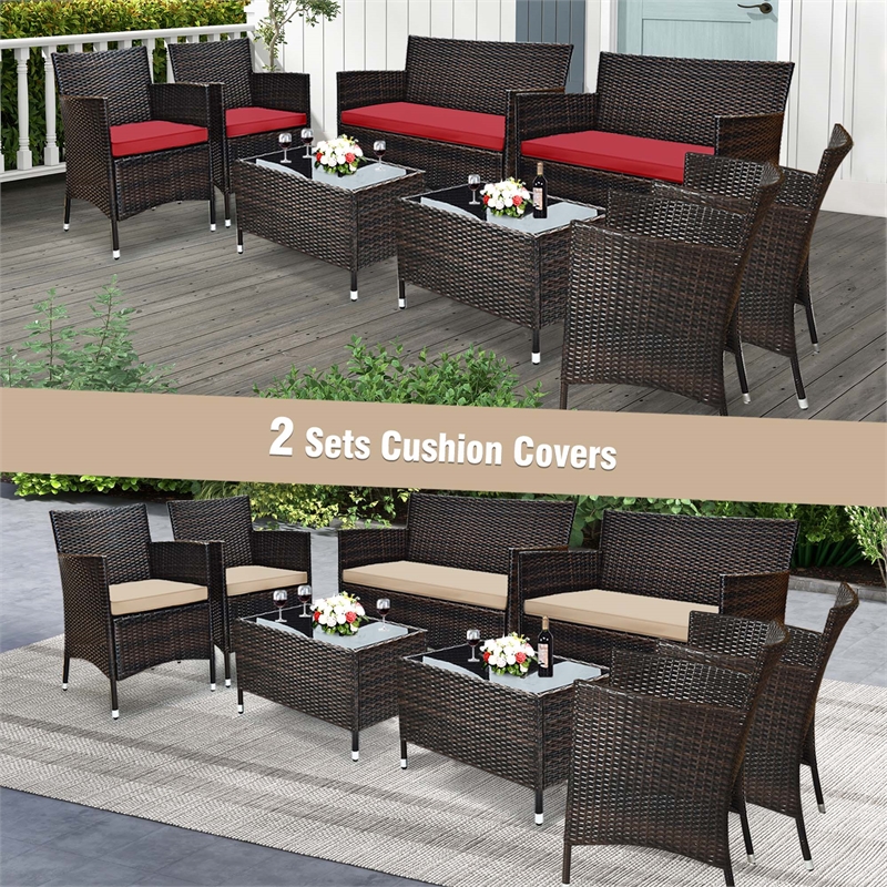 4PCS Rattan Patio Set Cushioned Sectional Sofa Chair Coffee Table Brown & Red