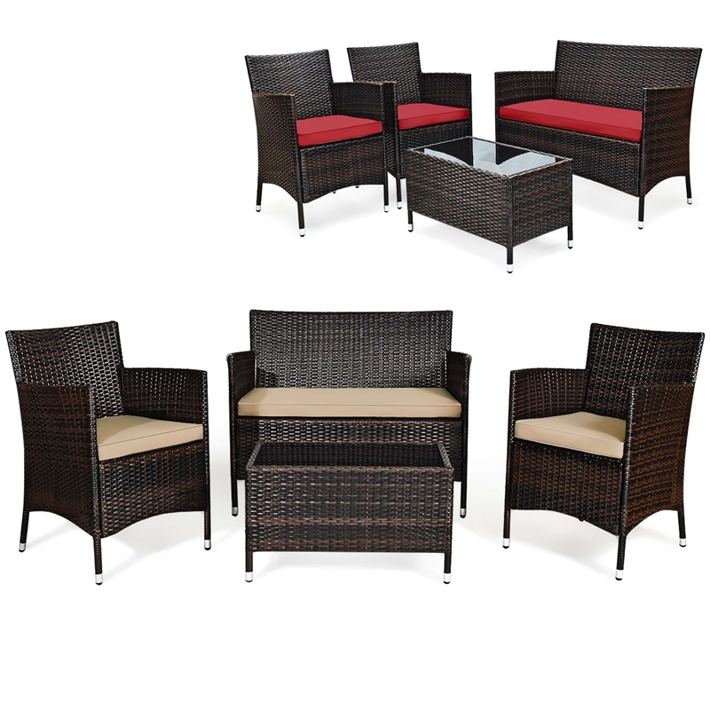4PCS Rattan Patio Set Cushioned Sectional Sofa Chair Coffee Table Brown & Red