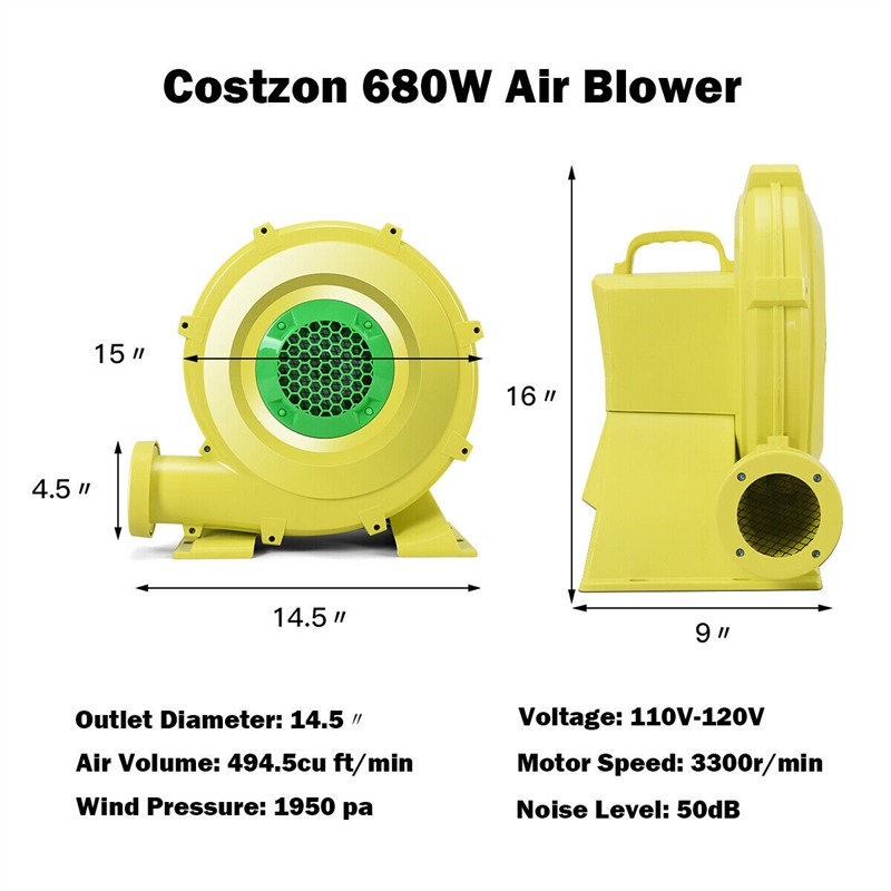 Air Blower Pump Fan 735 Watt 1.0HP For Inflatable Castle Yellow