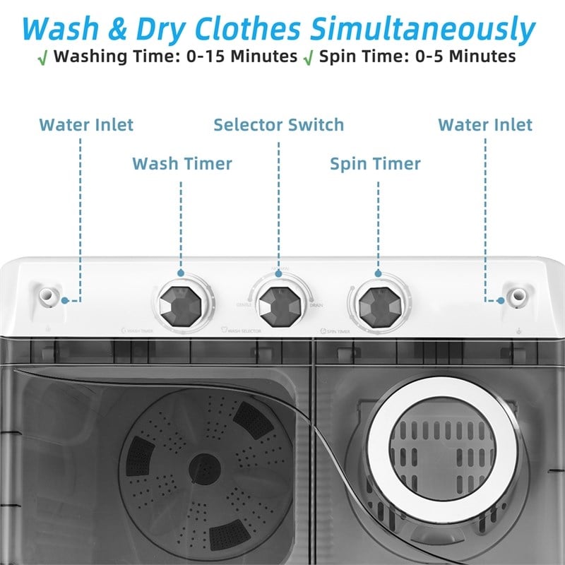 26lbs Portable Semi-automatic Twin Tub Washing Machine Gray