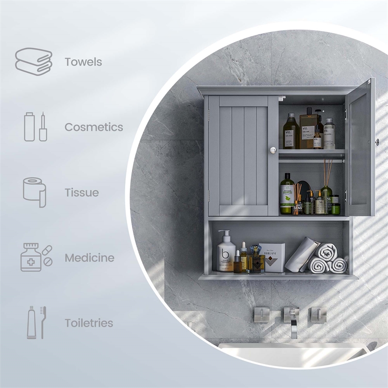 Bathroom Wall Cabinet Medicine Storage Organizer with Adjustable Shelf Gray