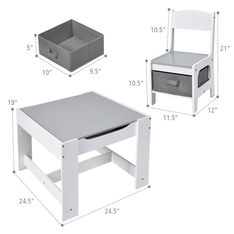 Kids Table Chairs Set With Storage Boxes Blackboard Drawing  Gray