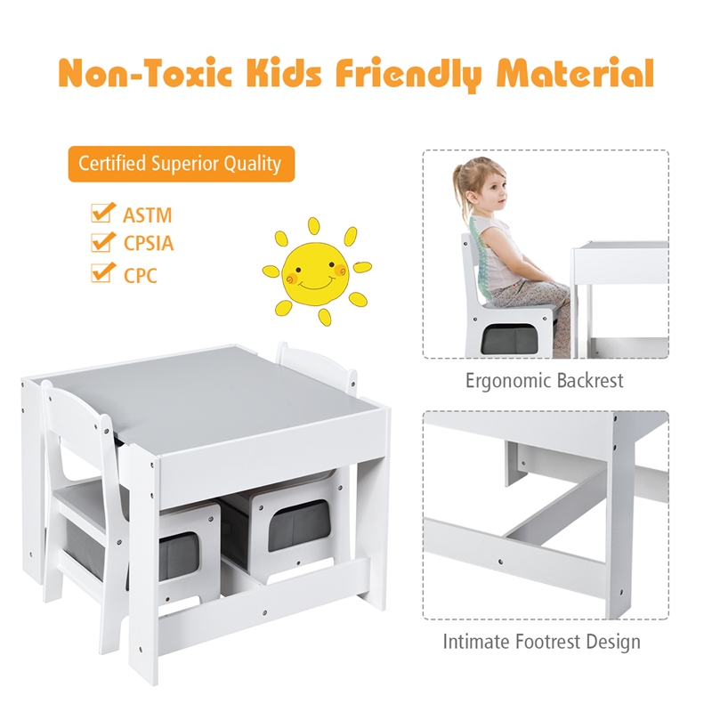 Kids Table Chairs Set With Storage Boxes Blackboard Drawing  Gray