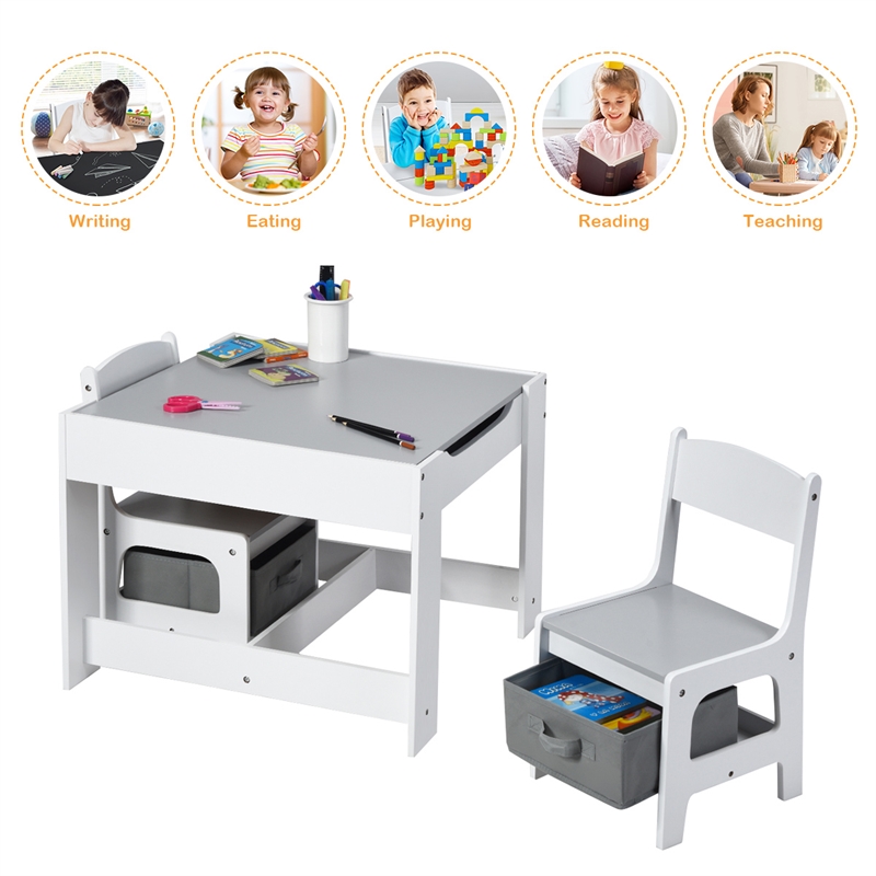 Kids Table Chairs Set With Storage Boxes Blackboard Drawing  Gray
