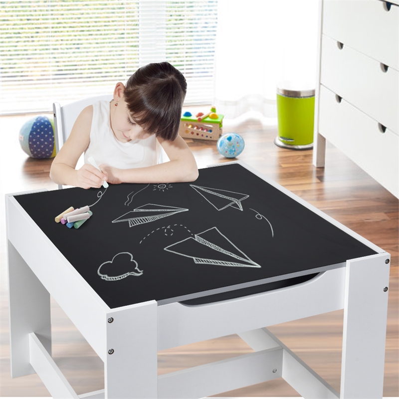 Kids Table Chairs Set With Storage Boxes Blackboard Drawing  Gray