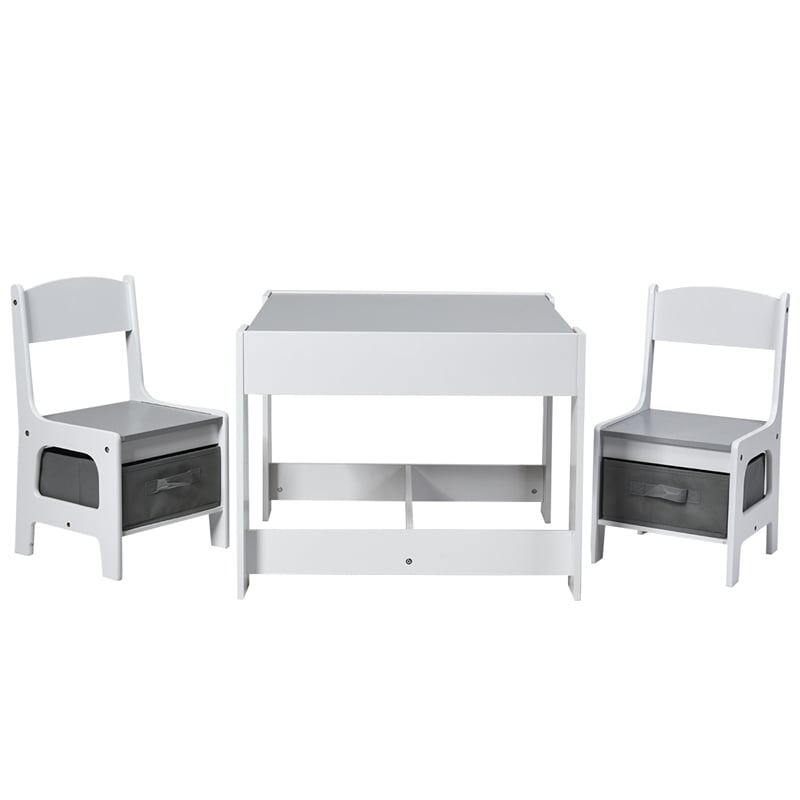Kids Table Chairs Set With Storage Boxes Blackboard Drawing  Gray