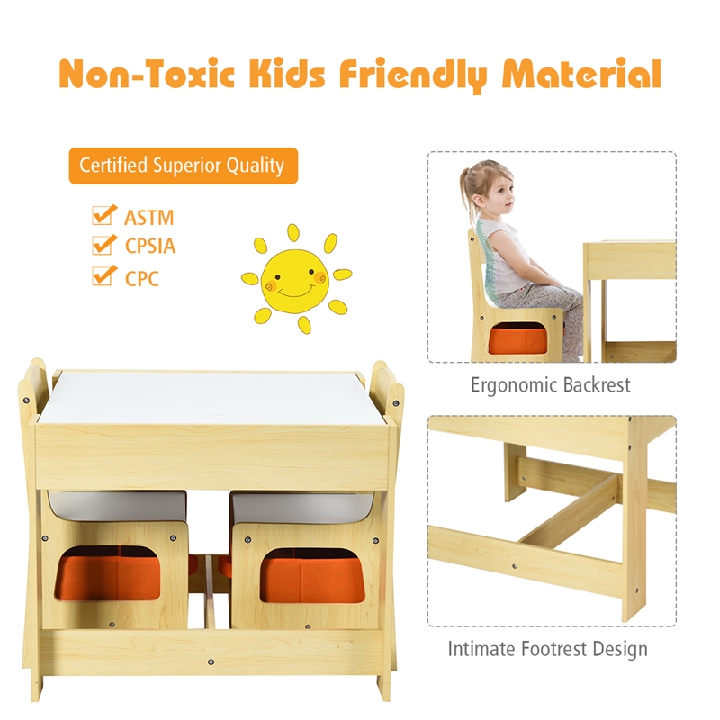 Kids Table Chairs Set With Storage Boxes Blackboard Drawing  Natural