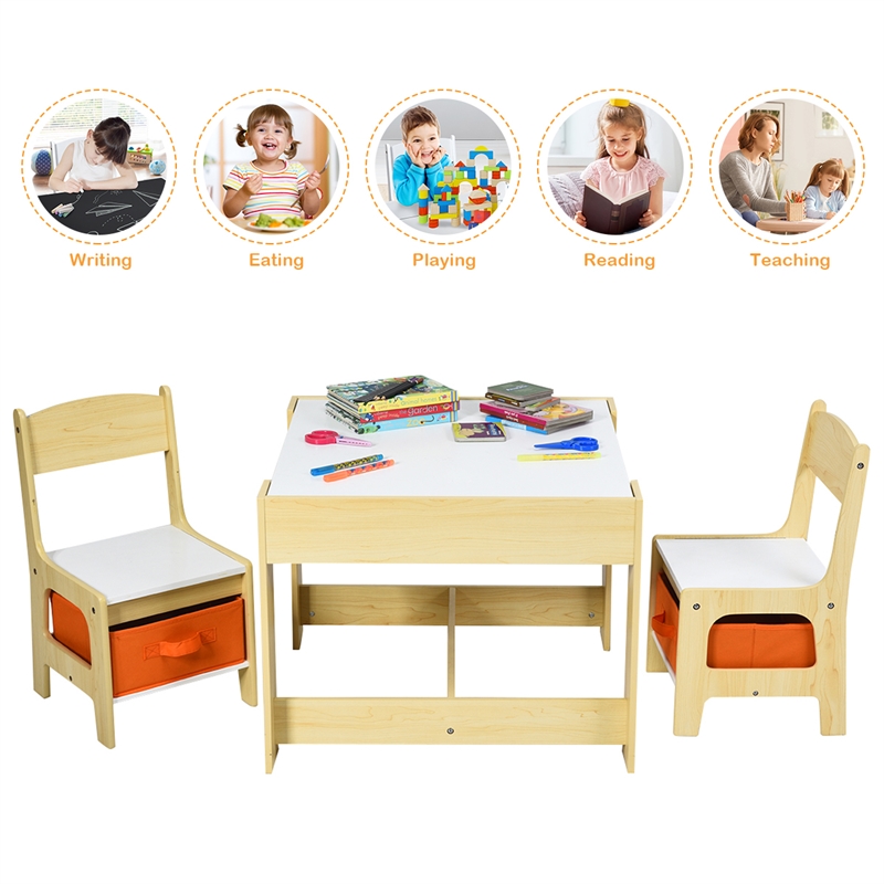 Kids Table Chairs Set With Storage Boxes Blackboard Drawing  Natural