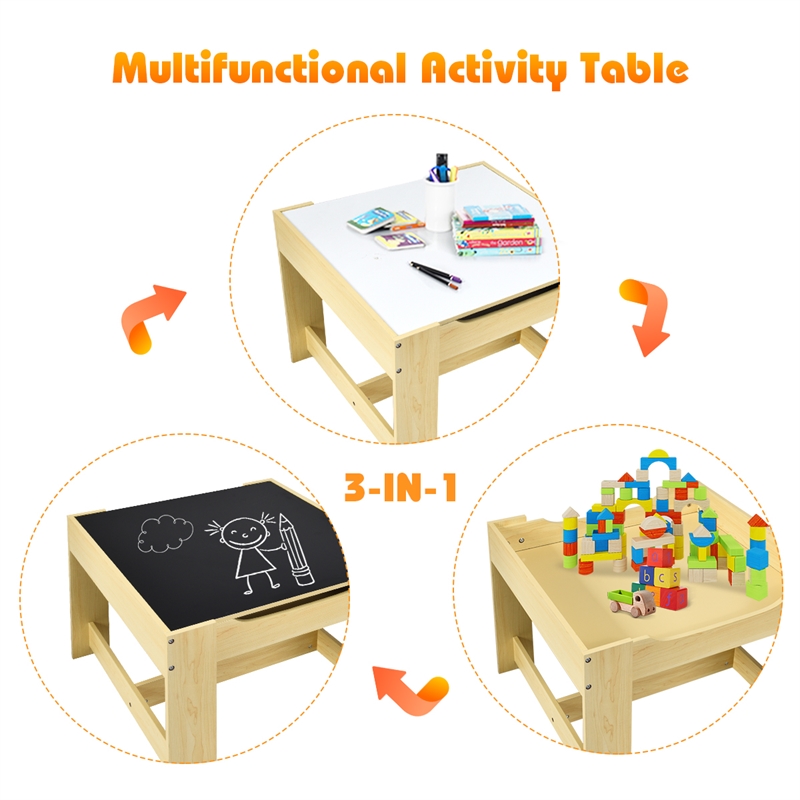 Kids Table Chairs Set With Storage Boxes Blackboard Drawing  Natural