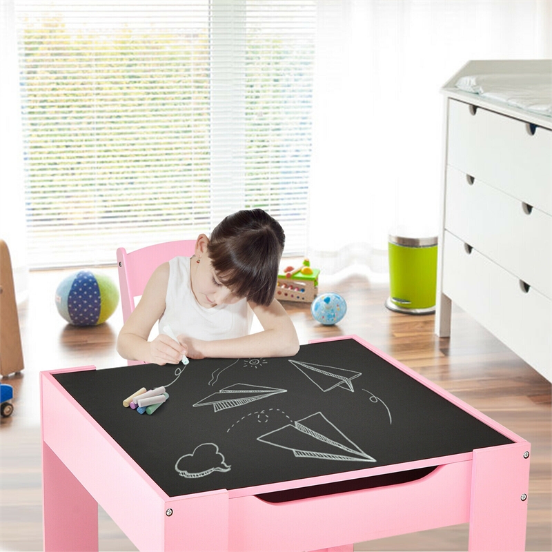 Kids Table Chairs Set With Storage Boxes Blackboard Drawing  Pink