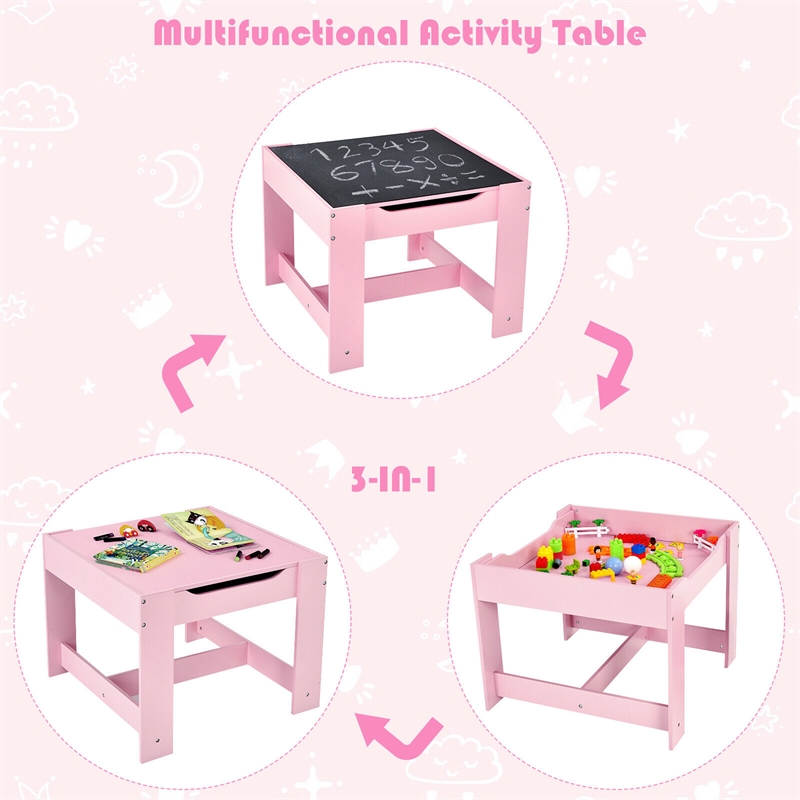 Kids Table Chairs Set With Storage Boxes Blackboard Drawing  Pink