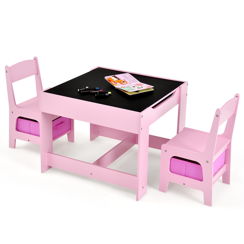 Kids Table Chairs Set With Storage Boxes Blackboard Drawing  Pink