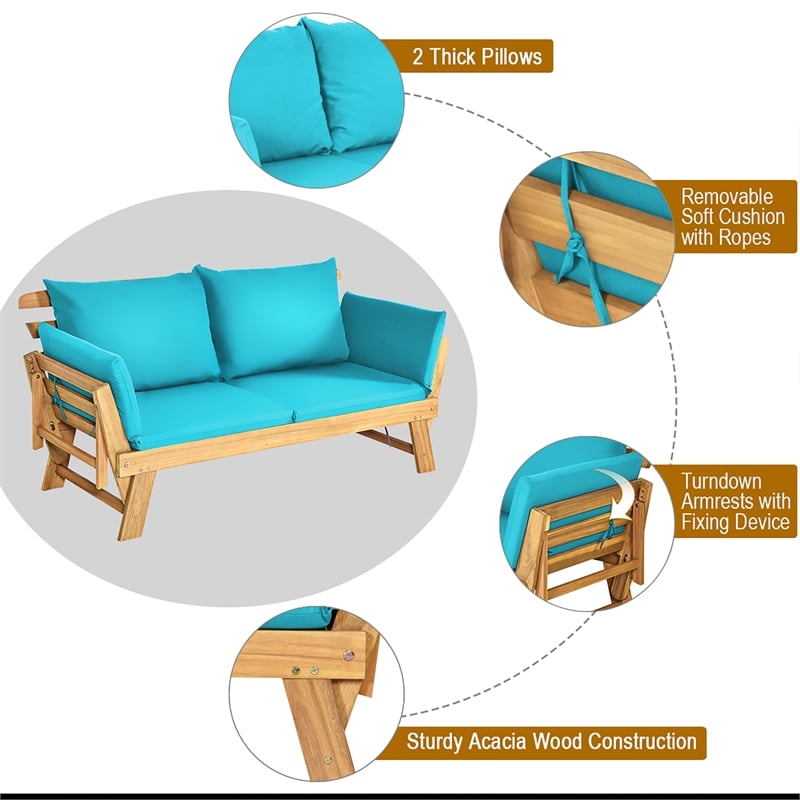 Patio Convertible Sofa Daybed Solid Wood Adjustable Furniture Turquoise