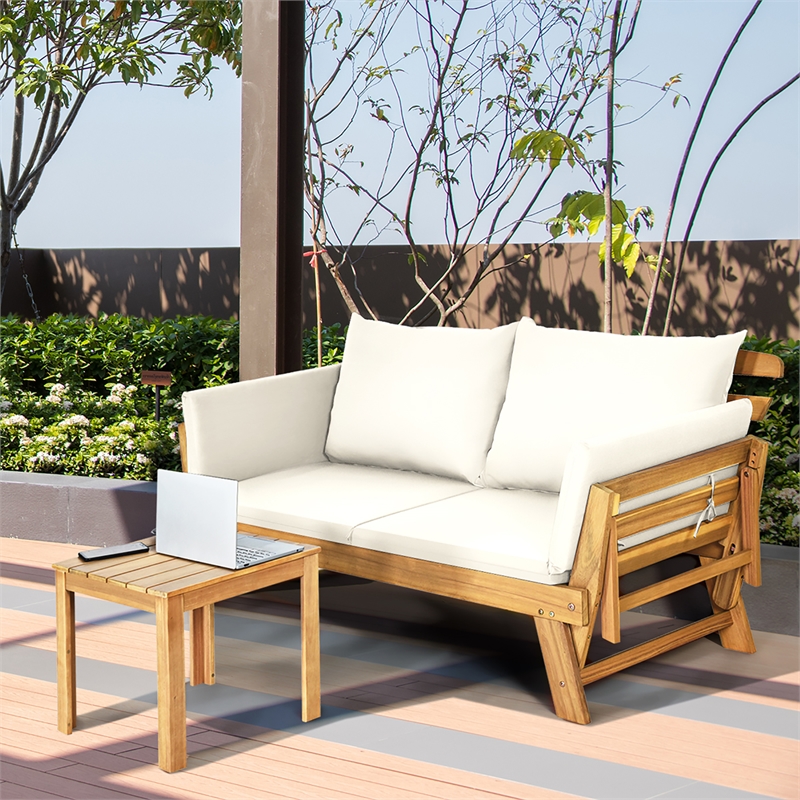 Patio Convertible Sofa Daybed Solid Wood Adjustable Furniture White