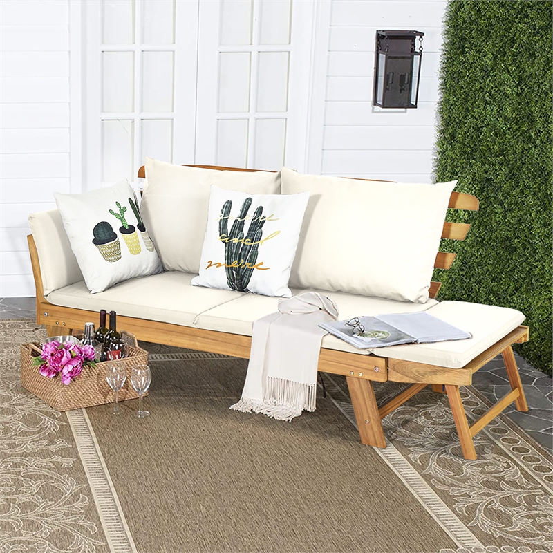 Patio Convertible Sofa Daybed Solid Wood Adjustable Furniture White