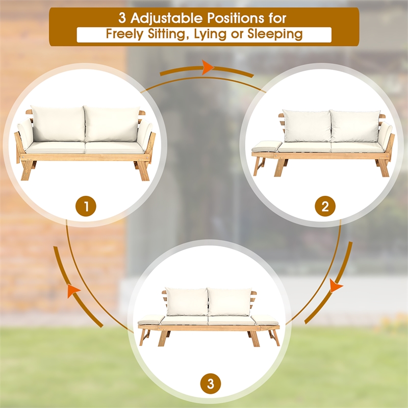 Patio Convertible Sofa Daybed Solid Wood Adjustable Furniture White