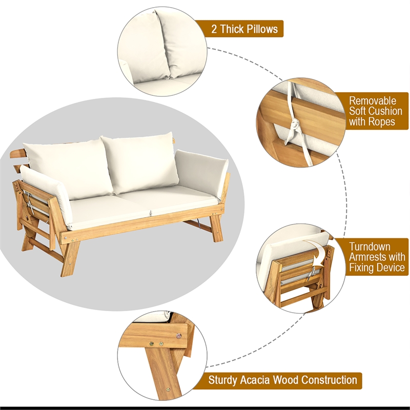 Patio Convertible Sofa Daybed Solid Wood Adjustable Furniture White