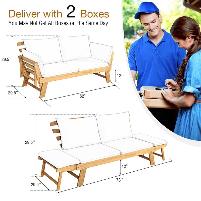 Patio Convertible Sofa Daybed Solid Wood Adjustable Furniture Gray