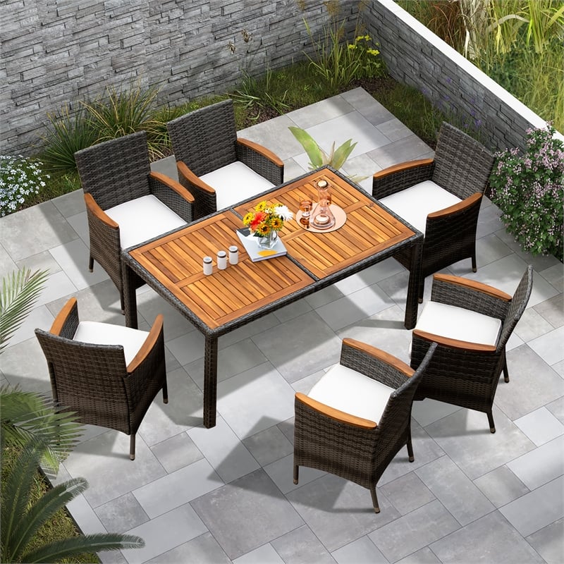 7PCS Patio Rattan Dining Set Acacia Wood Table Cushioned Chair Gray