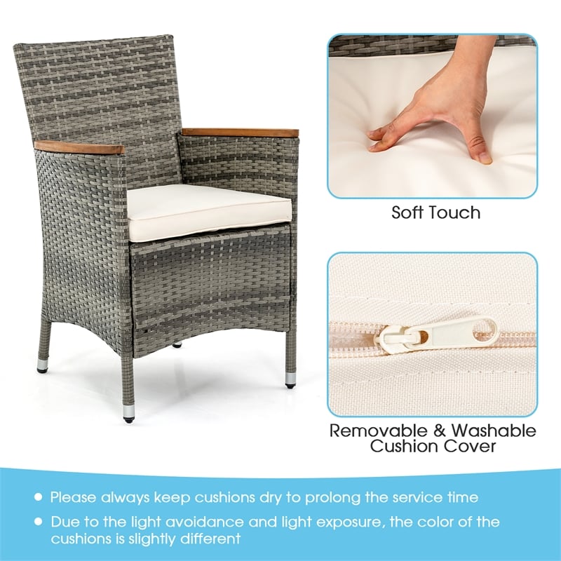 7PCS Patio Rattan Dining Set Acacia Wood Table Cushioned Chair Gray