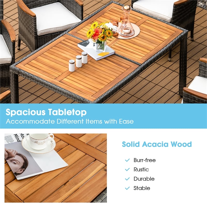 7PCS Patio Rattan Dining Set Acacia Wood Table Cushioned Chair Gray