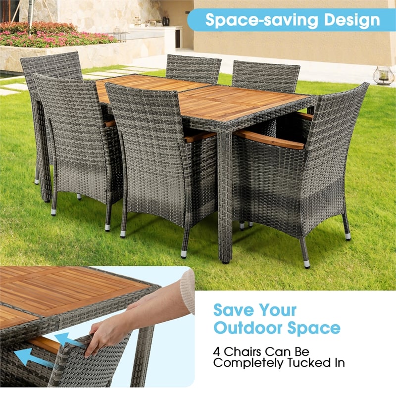 7PCS Patio Rattan Dining Set Acacia Wood Table Cushioned Chair Gray