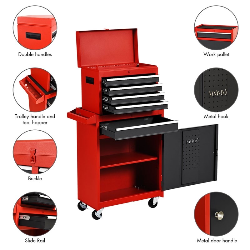 5 Drawer Rolling Tool Chest Cabinet Metal Storage Black and Red