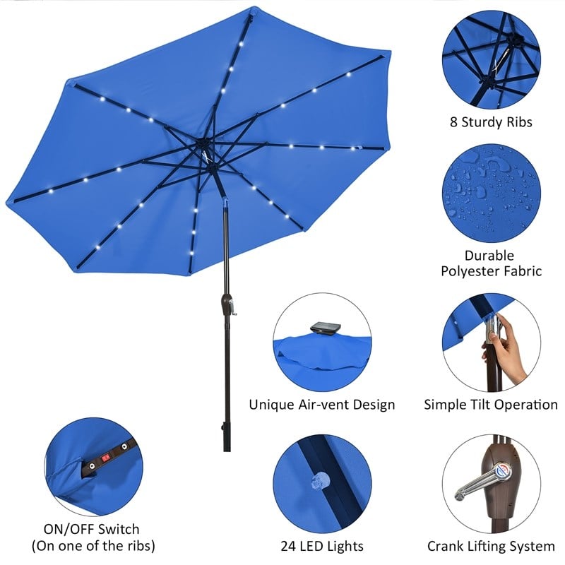 10ft Patio Solar Umbrella LED Patio Market Steel Tilt Blue