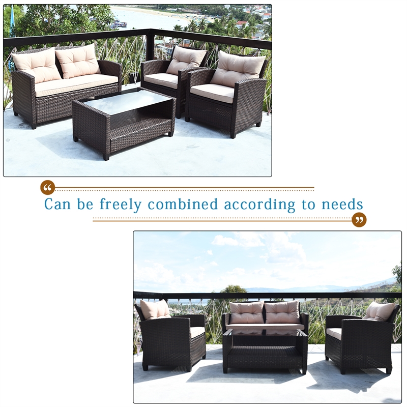 4PCS Outdoor Rattan Furniture Set Cushioned Sofa Armrest Table Brown