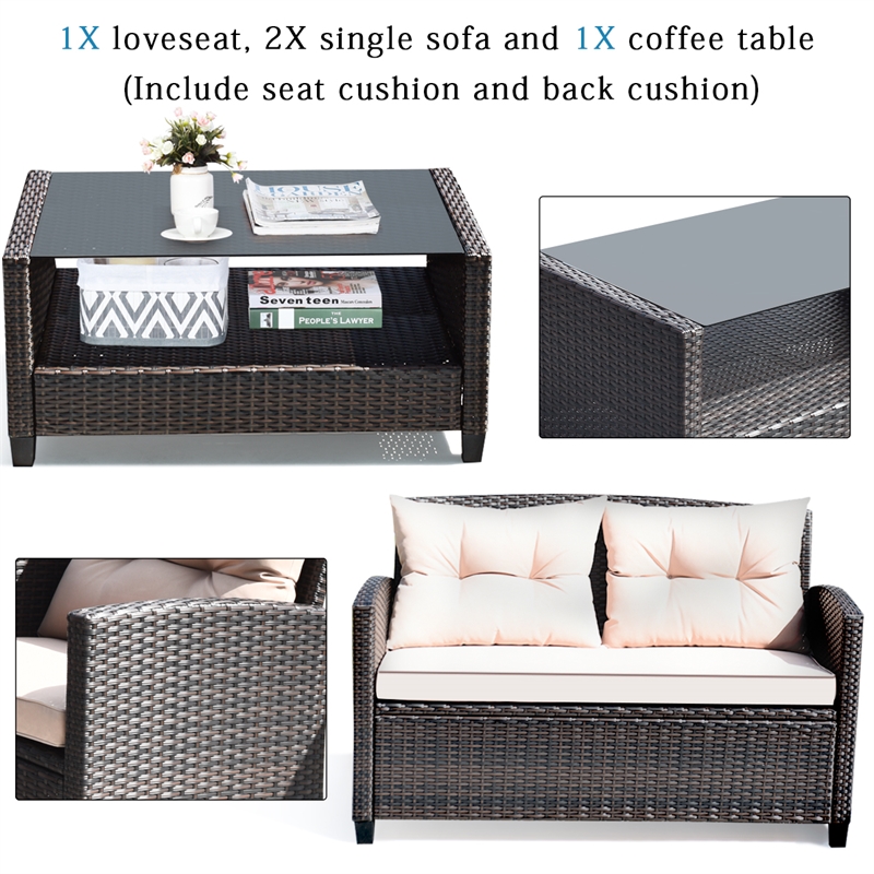 4PCS Outdoor Rattan Furniture Set Cushioned Sofa Armrest Table Brown