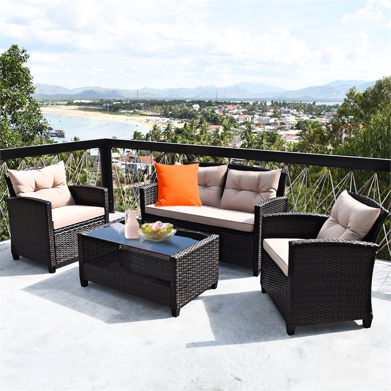 4PCS Outdoor Rattan Furniture Set Cushioned Sofa Armrest Table Brown