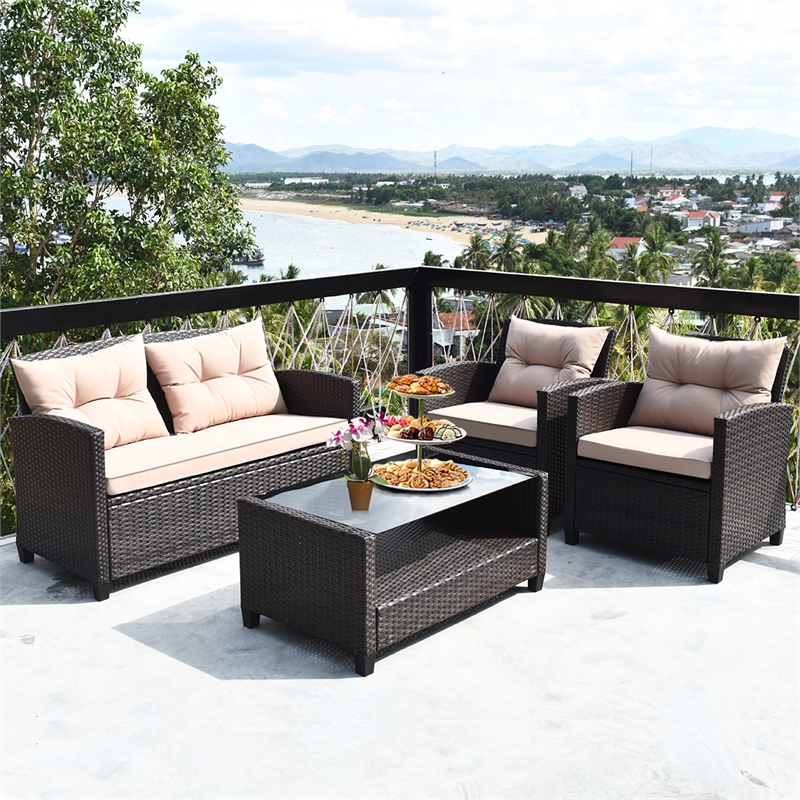 4PCS Outdoor Rattan Furniture Set Cushioned Sofa Armrest Table Brown